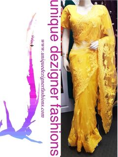 Yellow Embroidered Net Saree With Blouse